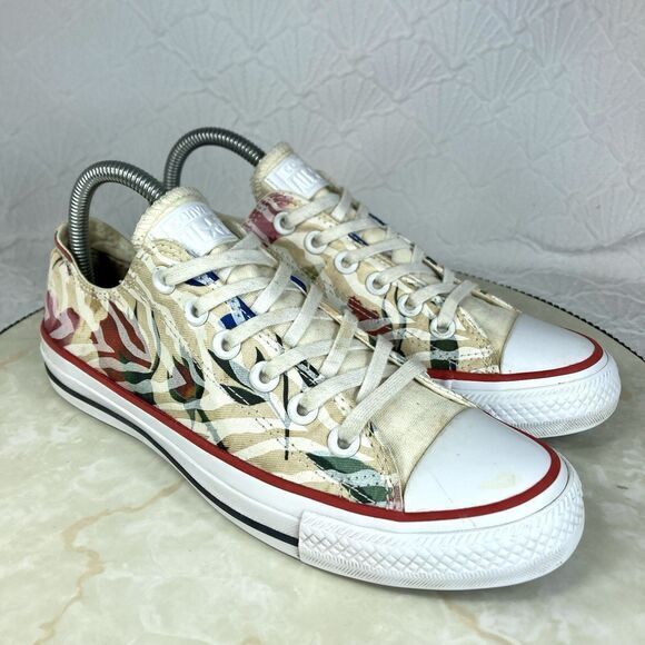 Converse Chuck Taylor Lace Up Sneakers Sz 7.5 Beige Floral Print Streetwear Shoe - Picture 2 of 12
